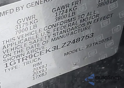 2020 GMC Sierra 1500 4Wd Standard Box Elevation from USA, damaged, VIN 1GTR9CEK3LZ248753